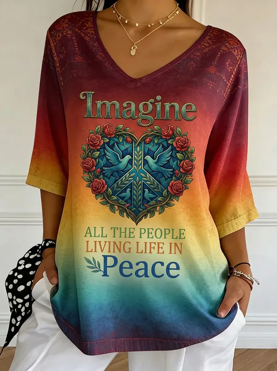 Women's Nashville Peace Heart Rose Dove Printed V-neck T-shirt