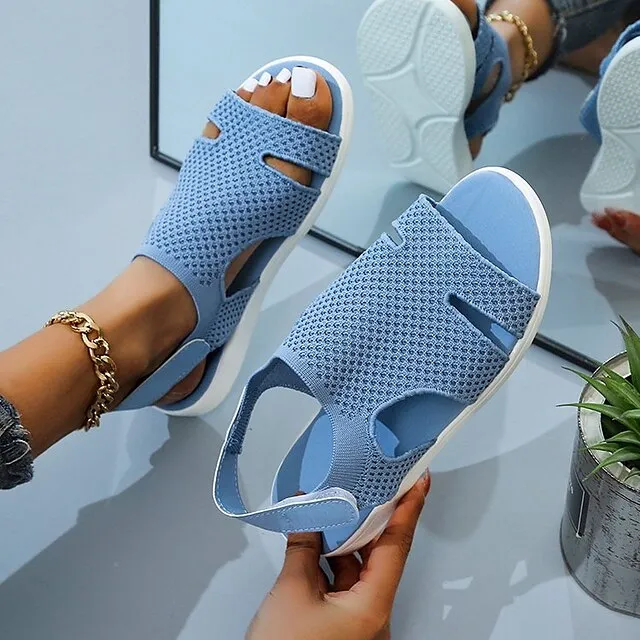 Women's Sandals Plus Size Flyknit Shoes Outdoor Daily Walking Summer Flat Heel Open Toe Sporty Casual Walking Shoes Tissage Volant Magic Tape Solid Color Solid Colored Almond Light Blue