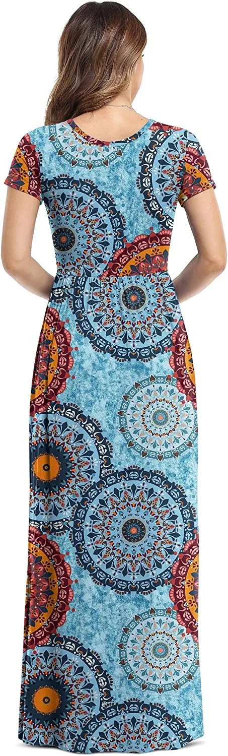 Women's Short Sleeve Loose Plain Maxi Dresses Casual Long Dresses with Pockets