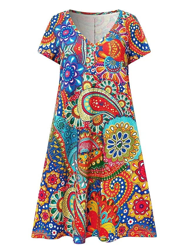 Women's Casual Dress T Shirt Dress Tee Dress Ethnic Dress Mini Dress Red Dusty Blue Rainbow Short Sleeve Floral Print Summer Spring Deep V Vacation 2023 S M L XL 2XL 3XL