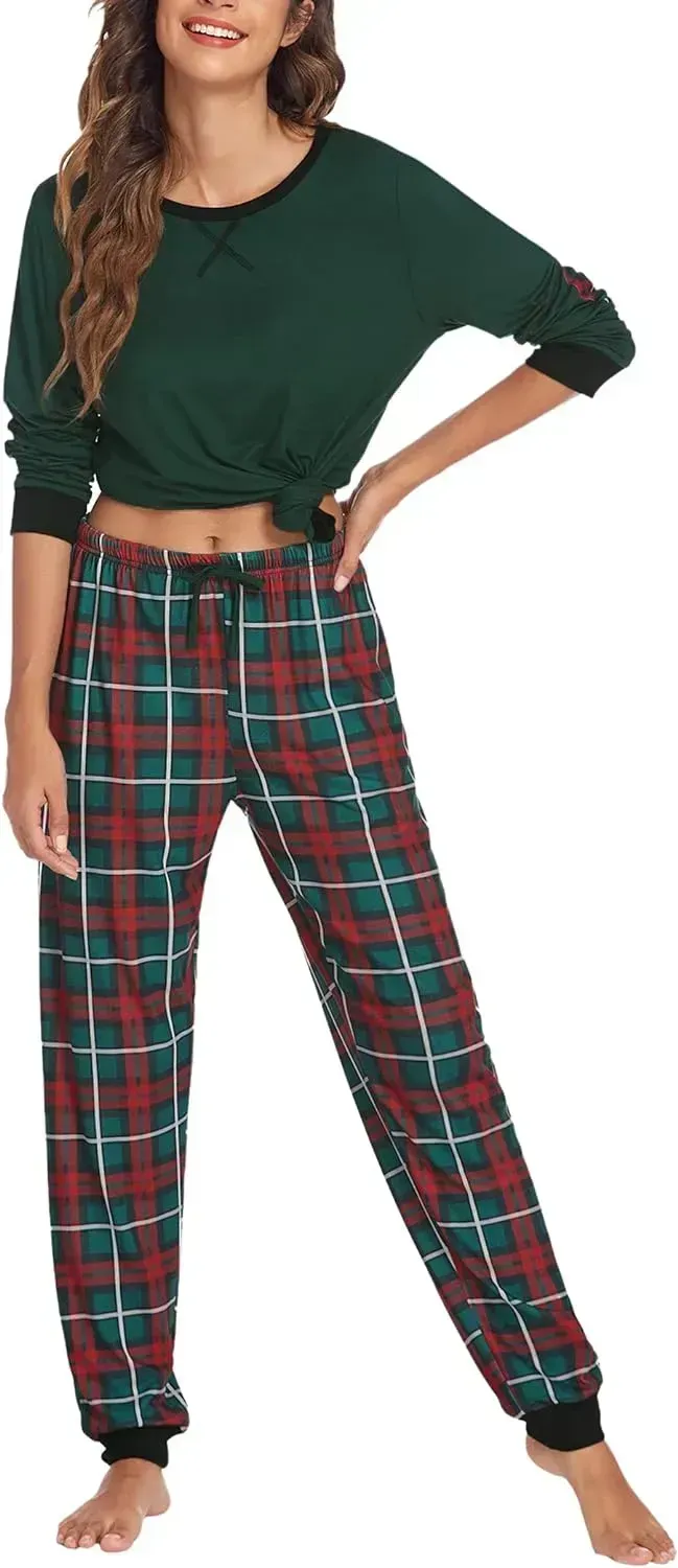 Women's Pajamas Sets Long Sleeve with Plaid Pants Soft Sleepwear O Neck 2 Piece Pjs Joggers Loung Set with Pockets