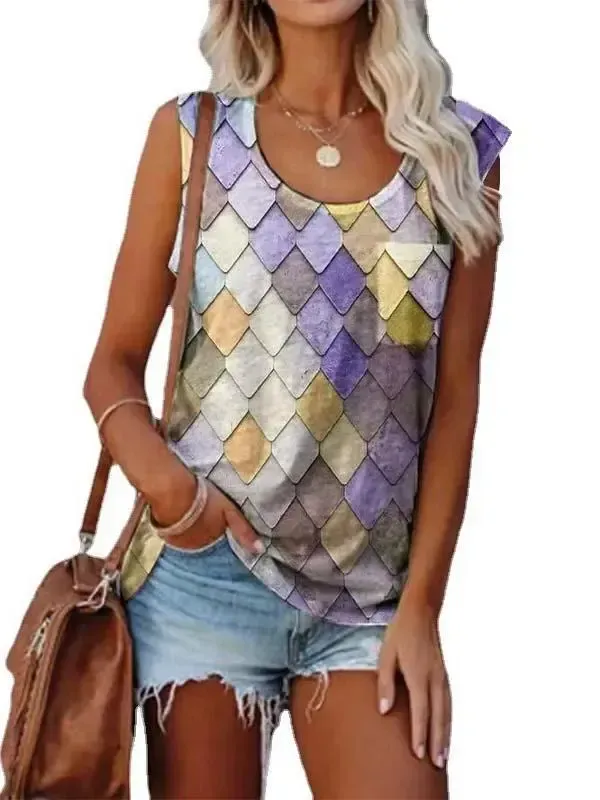 Women's Sleeveless Scoop Neck Chic Printed Tops T-shirts