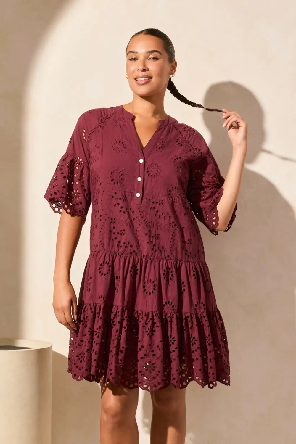 Cotton Eyelet Ruffle Short Sleeve Tiered Dress-Maroon