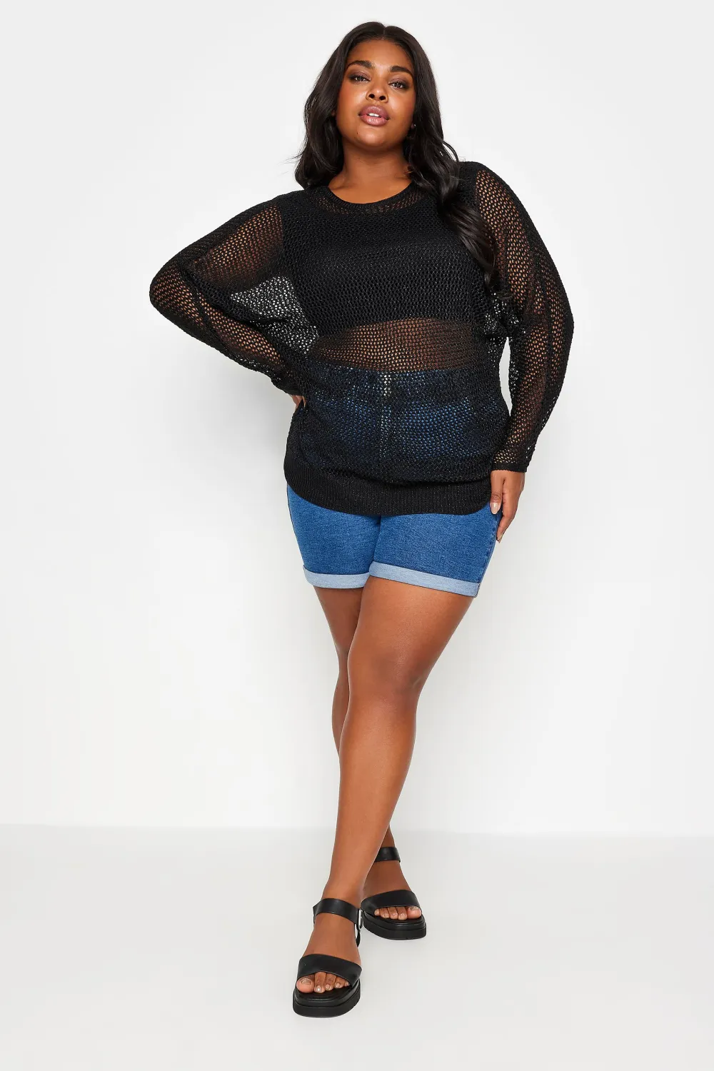 YOURS Curve Black Metallic Crochet Jumper
