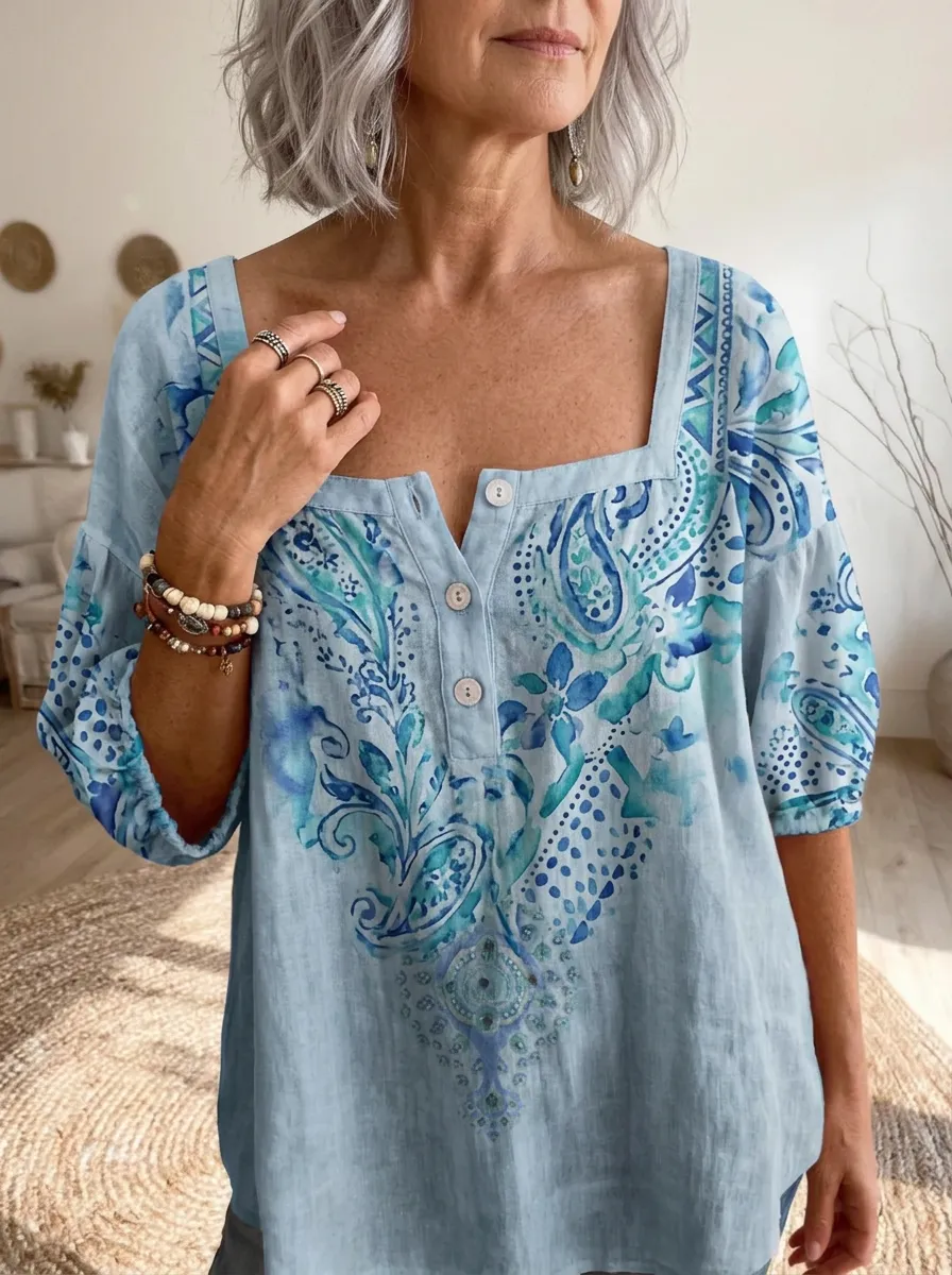 Women's Nashville Blue Paisley Floral Printed Square Neck Top