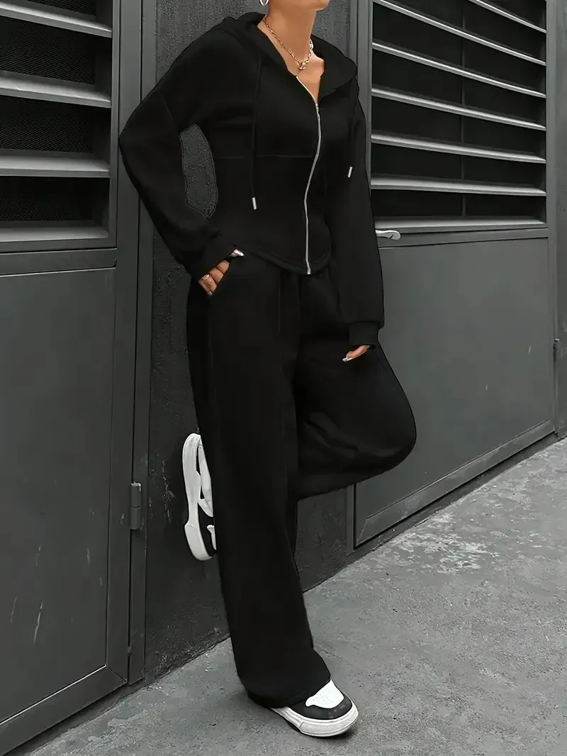 [All Seasons Polyester Hooded Tracksuit] Women'S Elegant Solid Color Polyester Hooded Tracksuit Set with Drawstring and Zipper Details – Knit Fabric Pantsuit for All Seasons