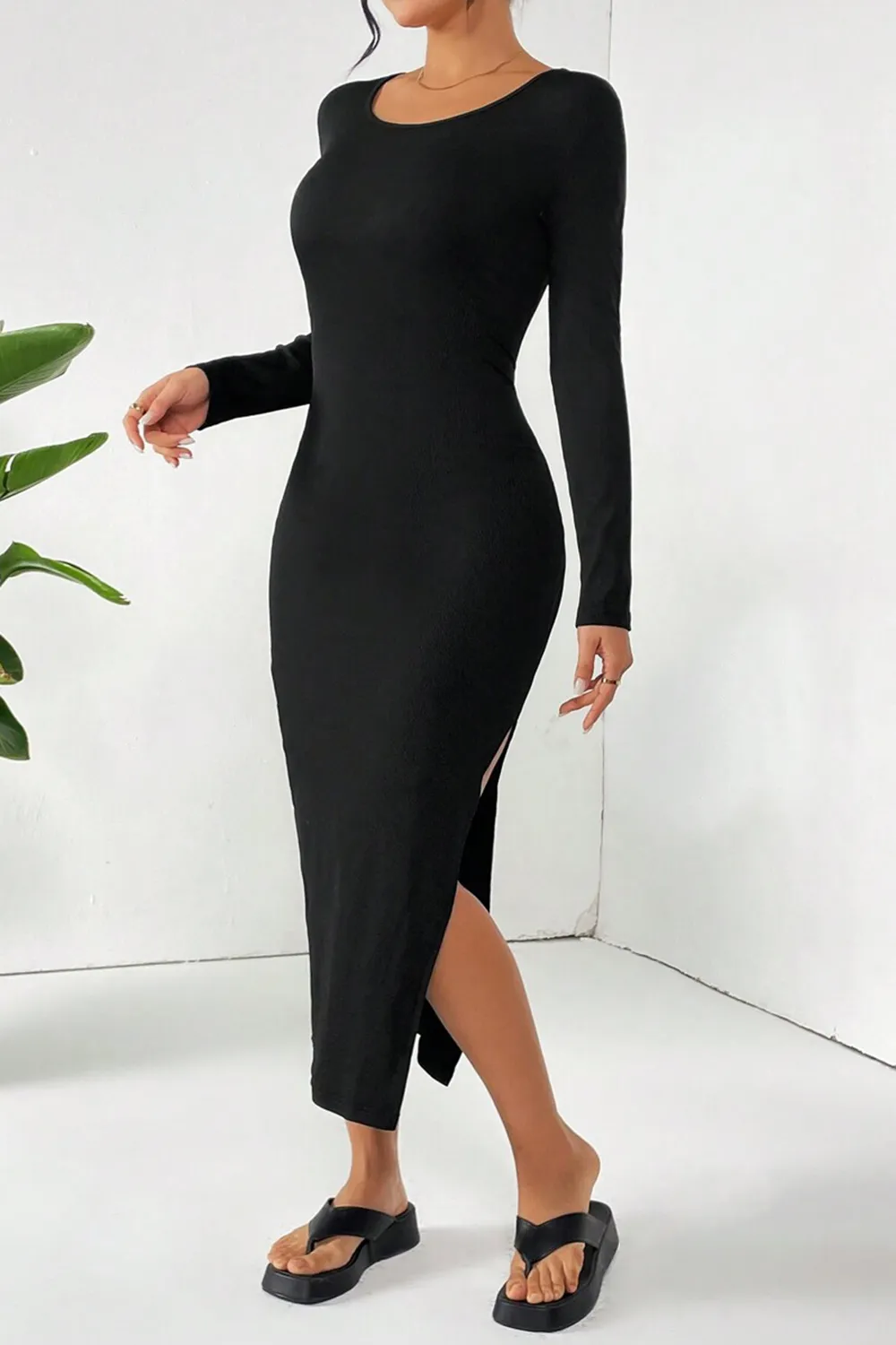 Solid Color Ribbed Knit Side Slit Dress