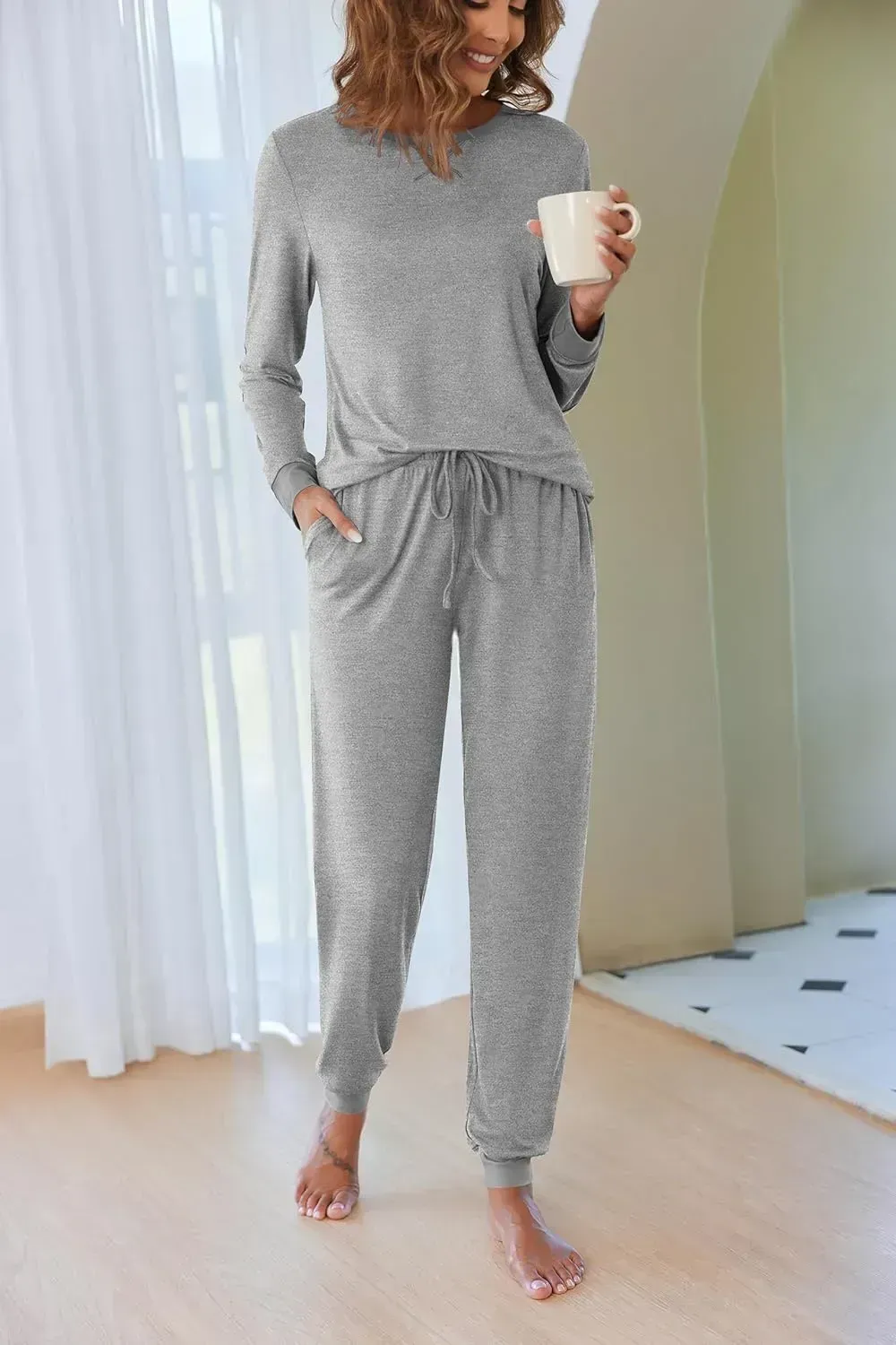 Women's Pajamas Sets Long Sleeve with Plaid Pants Soft Sleepwear O Neck 2 Piece Pjs Joggers Loung Set with Pockets