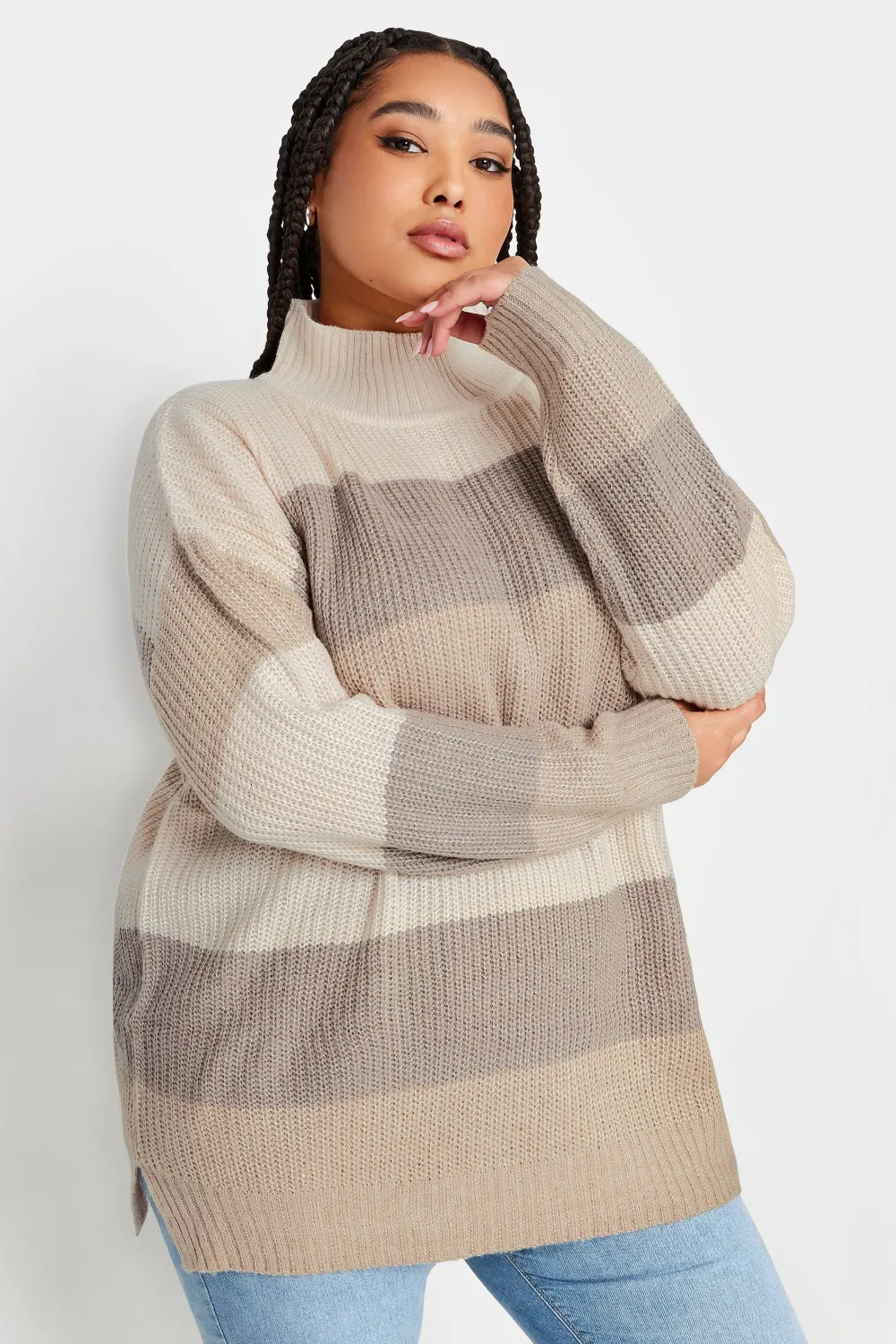 YOURS Curve Grey Stripe High Neck Knitted Jumper