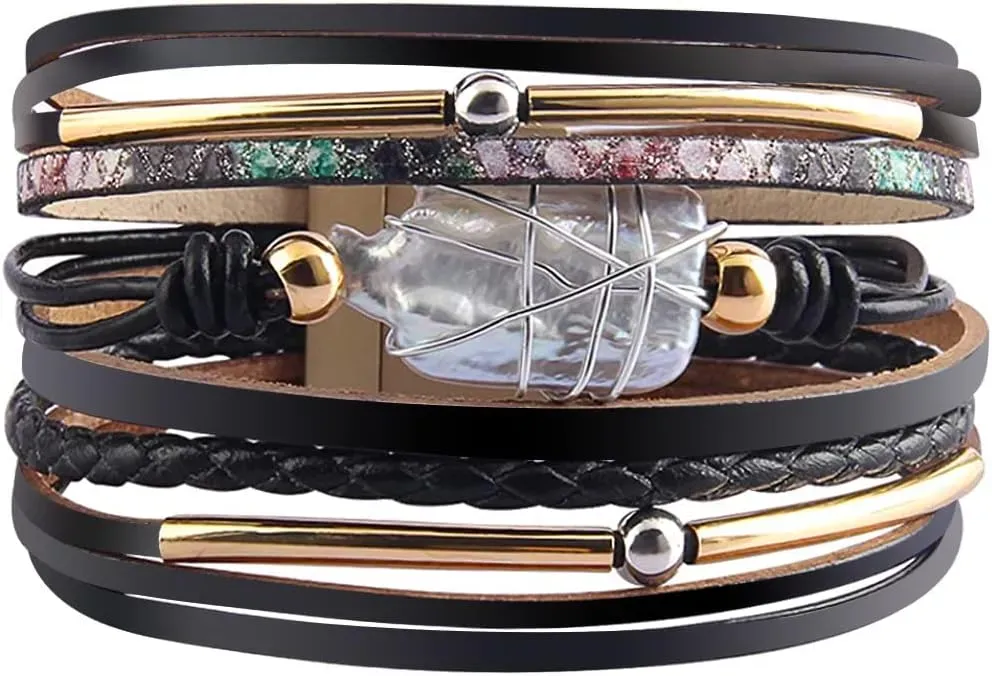 Fesciory Leather Wrap Bracelets for Women, Boho Leopard Multi-Layer Crystal Beads Cuff Bracelet Jewelry