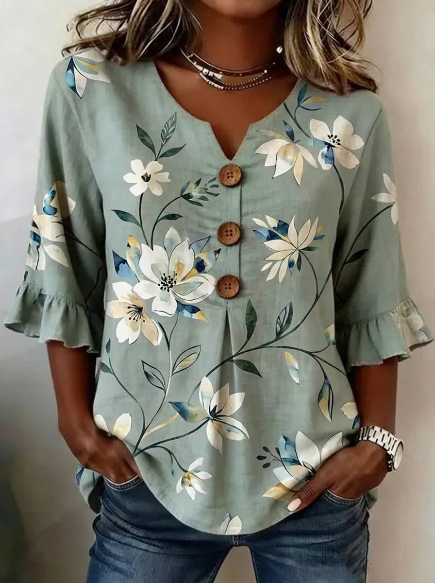 Women's Nashville Floral Botanical Printed V-Neck Button-Up Top