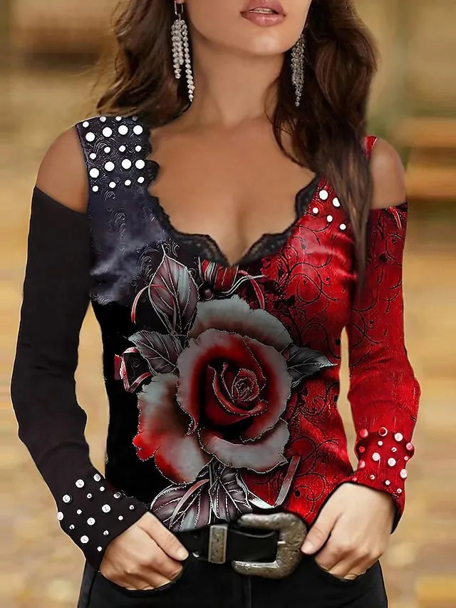 Women's Plus Size Going Out Tops Eyelet top Floral Butterfly Red Royal Blue Purple Lace Print Long Sleeve Party Going out Club Vintage Daily Elegant Off Shoulder V Neck Regular Fit Cold Shoulder Fall