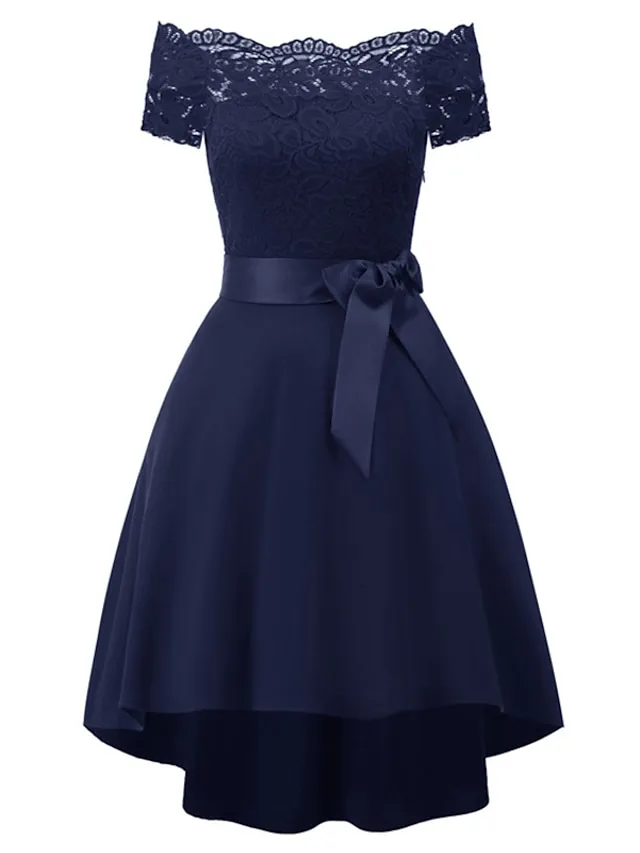 Women's Black Dress Party Dress Lace Dress Knee Length Dress White Pink Wine Short Sleeve Pure Color Lace Summer Spring Fall Off Shoulder Elegant Party Wedding Guest Birthday 2022 S M L XL XXL