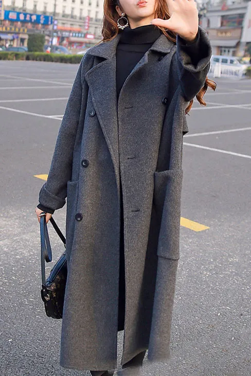 Hepburn Style Single Buckle Lapel Long Coat