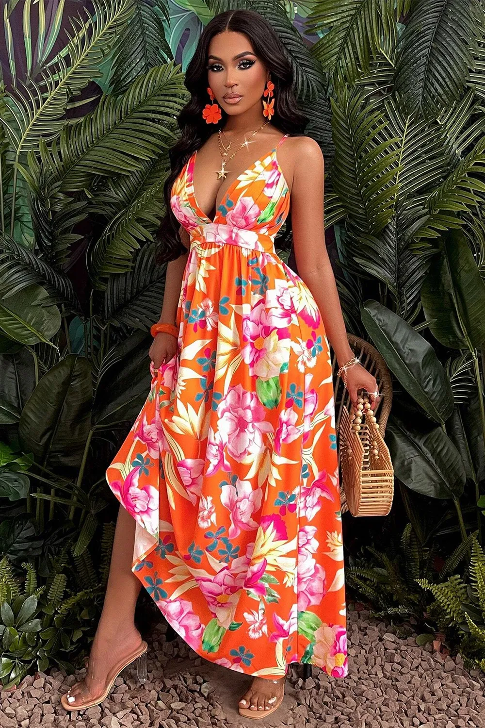 Sexy Deep V-neck Floral Dress
