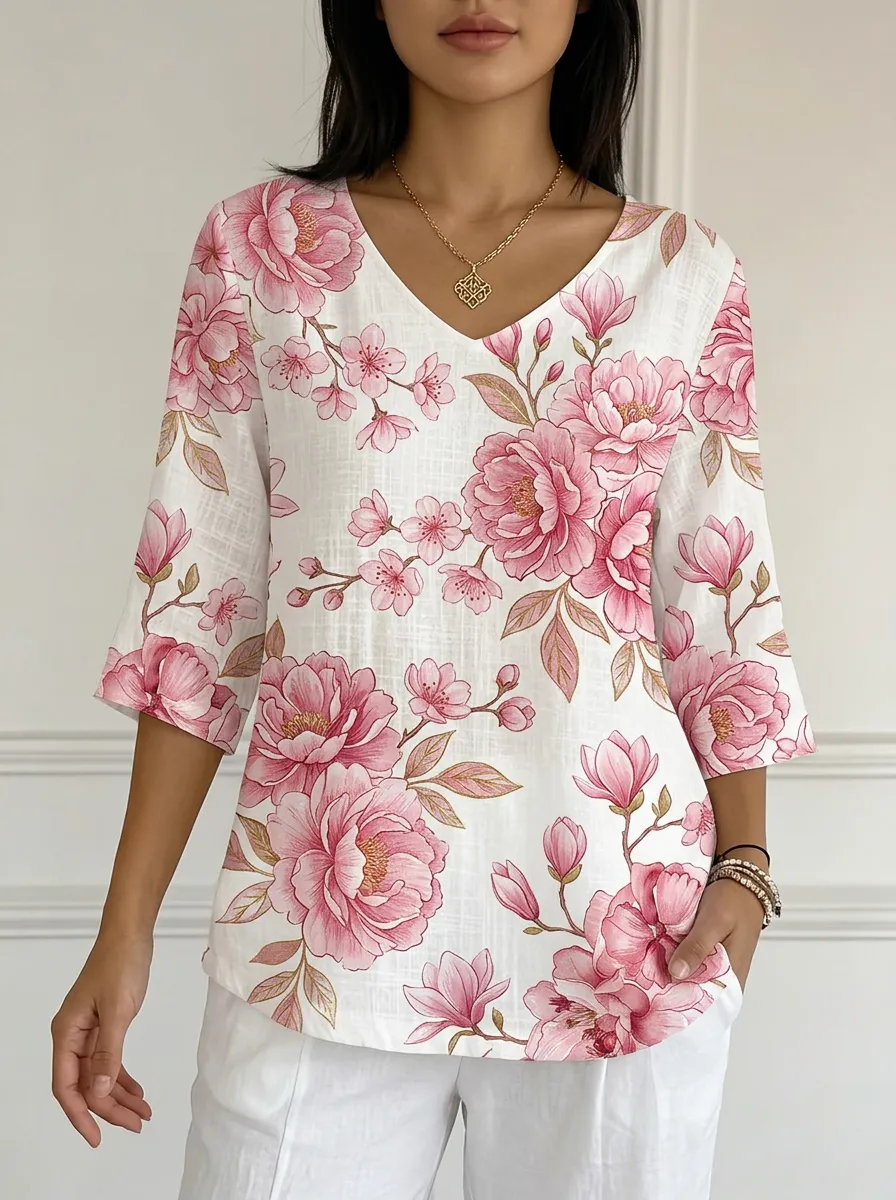 Women's Nashville Floral Botanical Printed V-neck Top