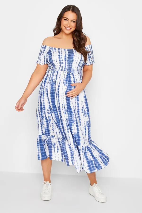 BUMP IT UP MATERNITY Curve Blue Tie Dye Shirred Dress