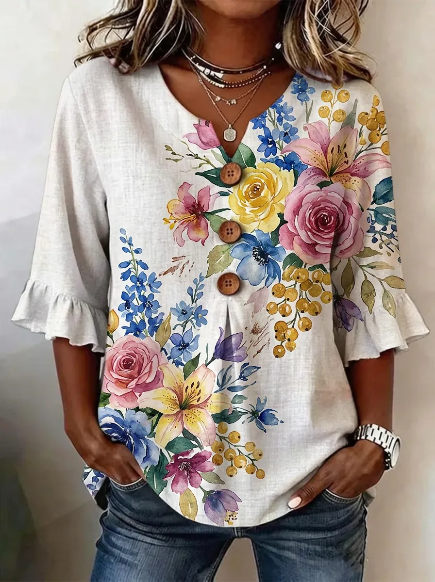 Women's Nashville Floral Watercolor Printed V-Neck Button Top