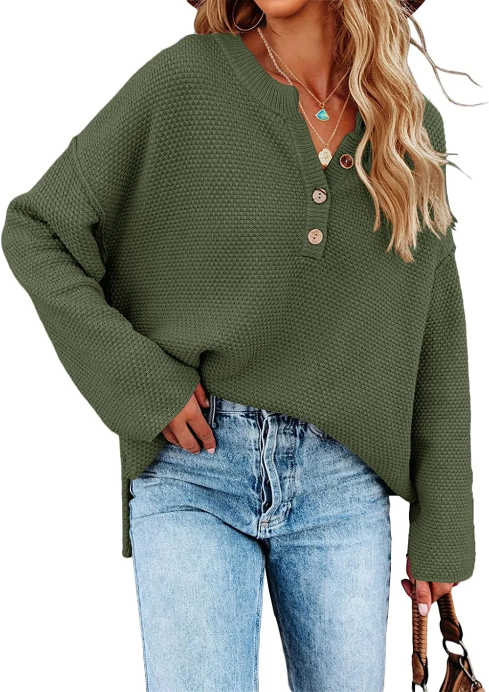 Women's Oversized Sweaters Batwing Long Sleeve Loose V Neck Button Henley Tops Pullover Knit Jumper