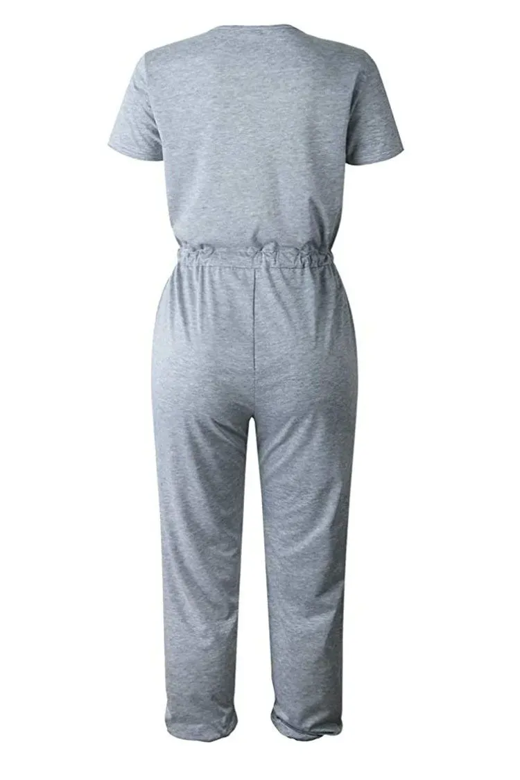 Deep V Neck Wrap Drawstring Waist Jumpsuit