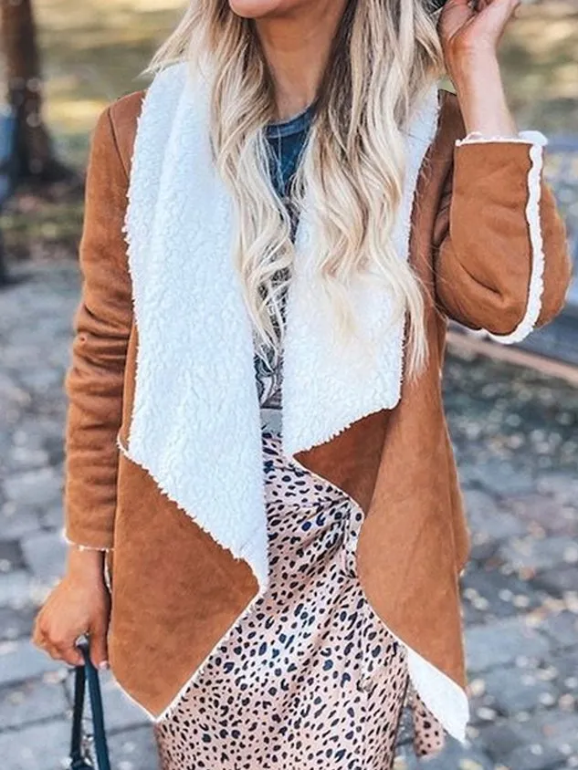 Fluff/Granular Fleece Fabric Casual Color Block Teddy Jacket