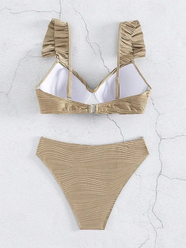 Women's Swimwear Bikini Normal Swimsuit Ruffle 2 Piece Plain Beach Wear Holiday Bathing Suits