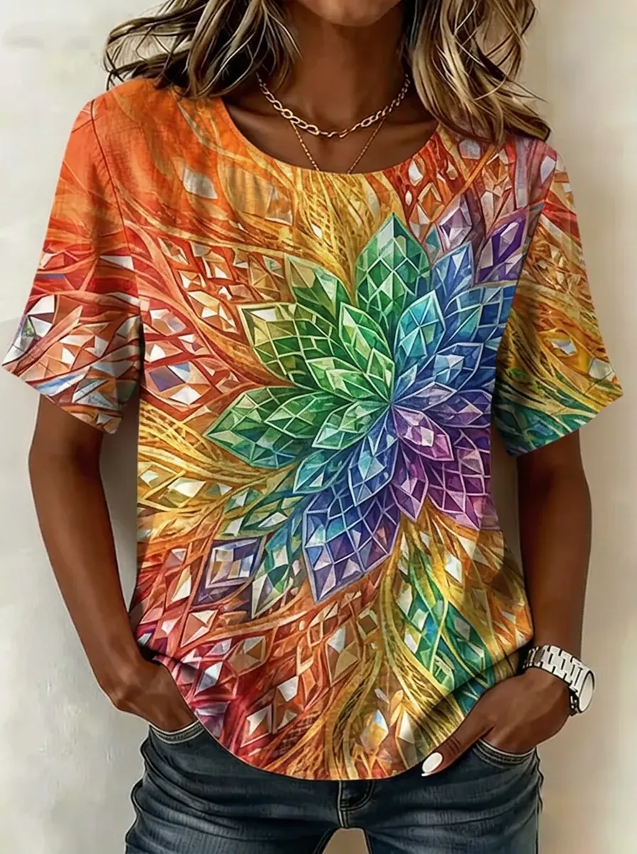 Women's Nashville Rainbow Crystal Flower Printed T-shirt