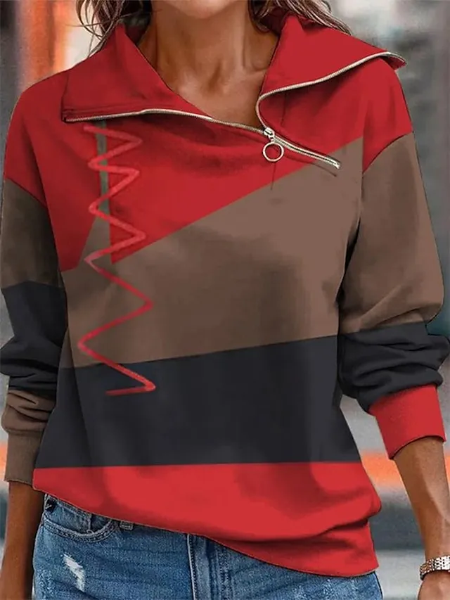 Women's Sweatshirt Pullover Sports Basic Quarter Zip Red Purple Orange Color Block Street Casual V Neck Long Sleeve Top Micro-elastic Fall & Winter
