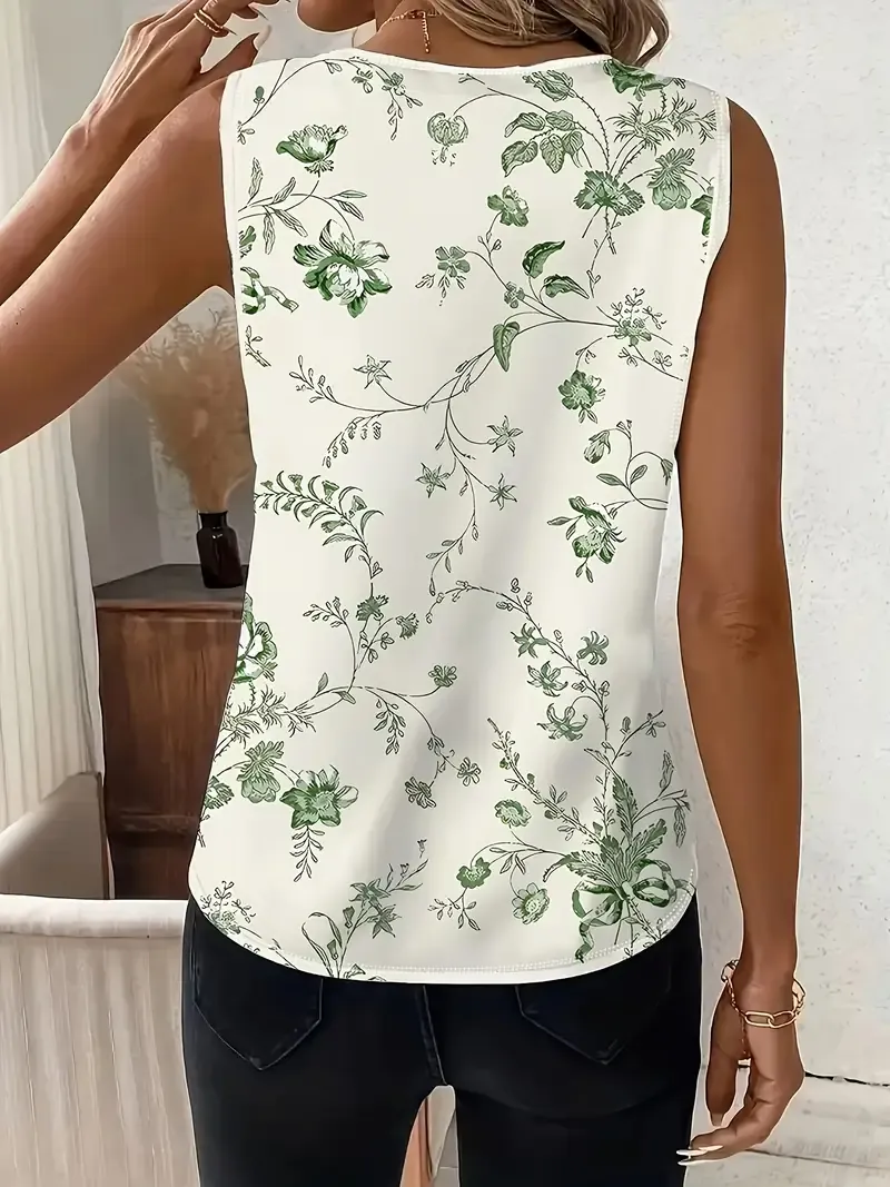 Women'S Floral Print Sleeveless V-Neck Vest, Elegant Polyester Knit Fabric, Regular Fit, Stretch Pullovers for Spring/Summer/Fall, Casual Weekend Wear