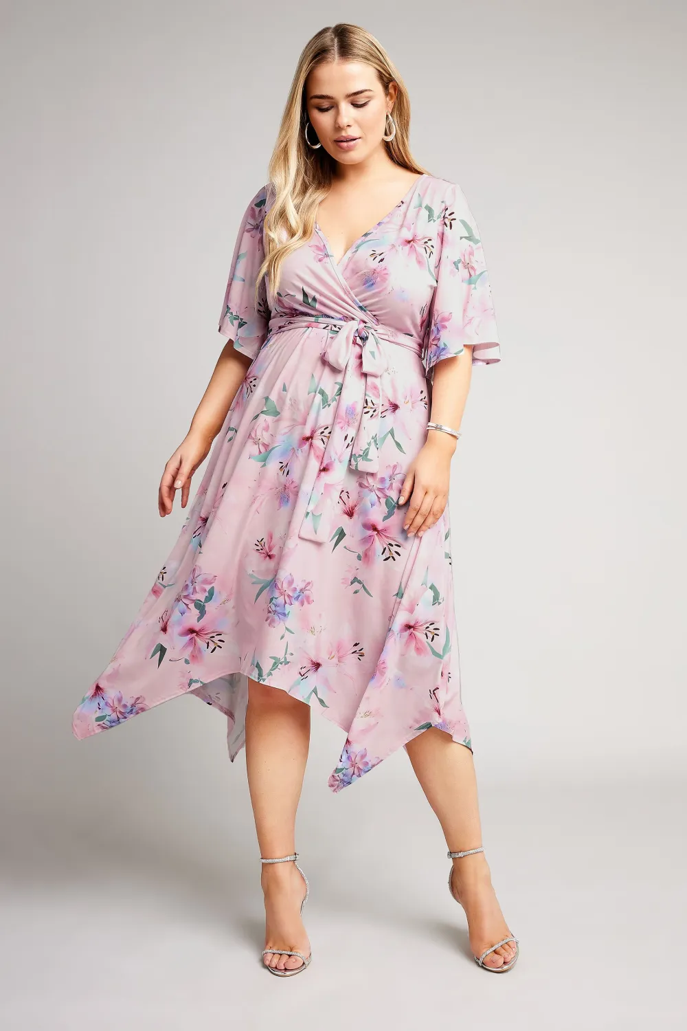 YOURS LONDON Curve Light Pink Floral Print Hanky Hem Wrap Dress