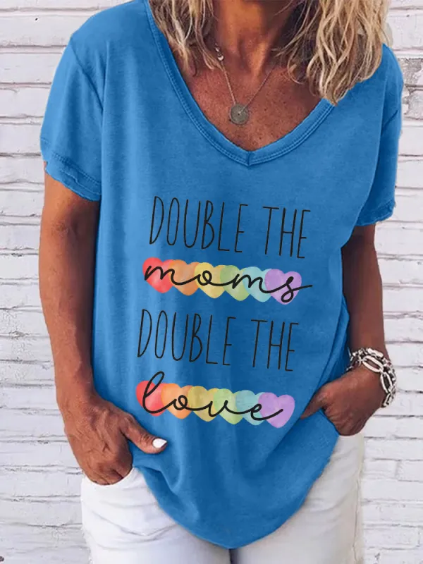 Women'S Double The Moms Double The Love V-Neck Short-Sleeved T-Shirt