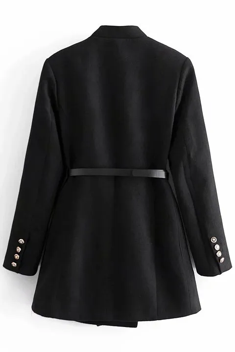 Front Buttons Stand Collar Coat in Black
