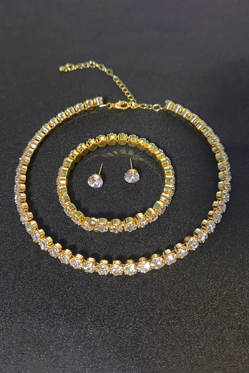 Shinning Rhinestone Necklace Bracelet Stud Earrings Three-Piece Set-Silver