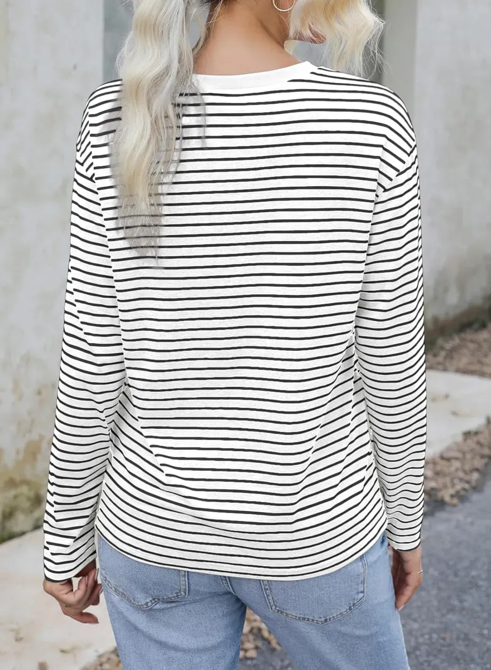 Dokotoo Women's Casual Striped Long Sleeve Tops Crew Neck Knit Ribbed Basic T Shirts