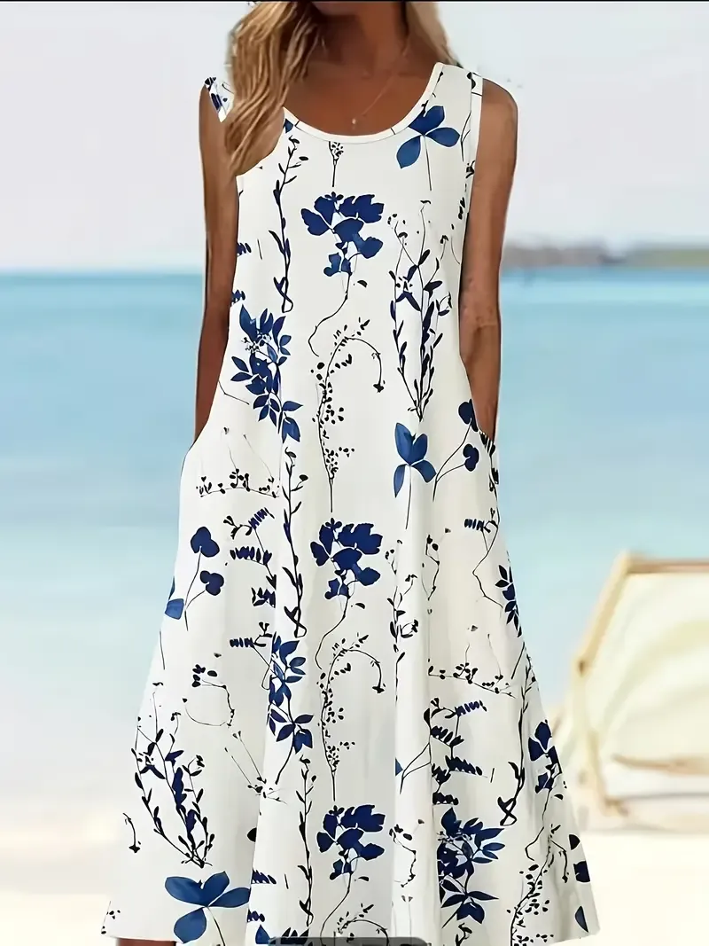 Plus Size Floral Print Dress, Casual Sleeveless Polyester Knit Fabric with Pockets, Spring/Summer Collection, Knit Dress