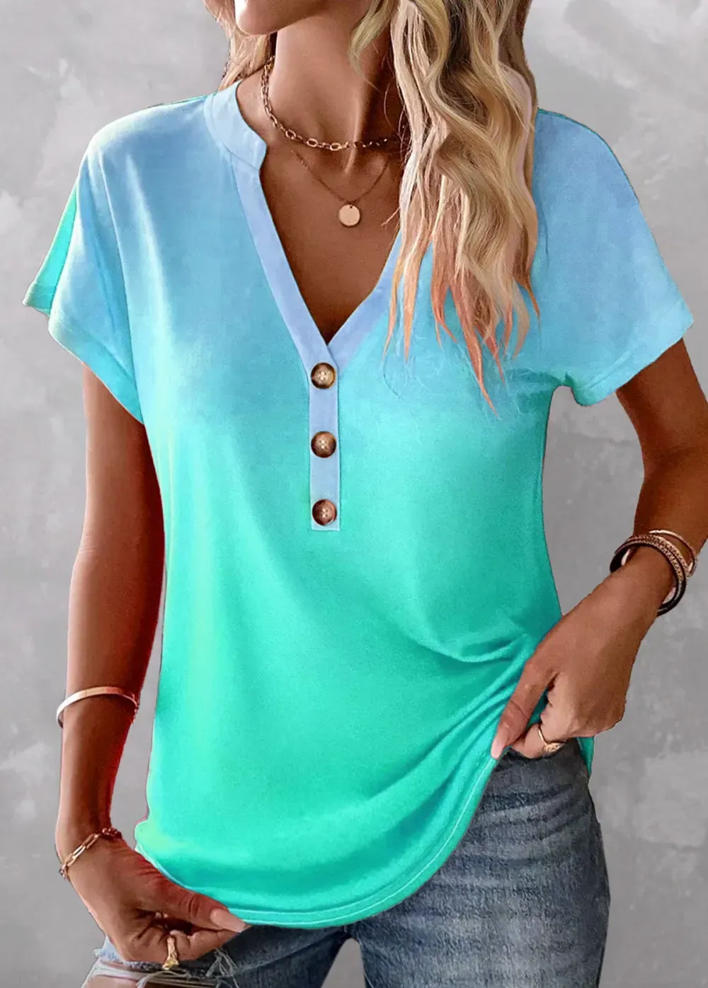 Mint Green Button Ombre Short Sleeve T Shirt