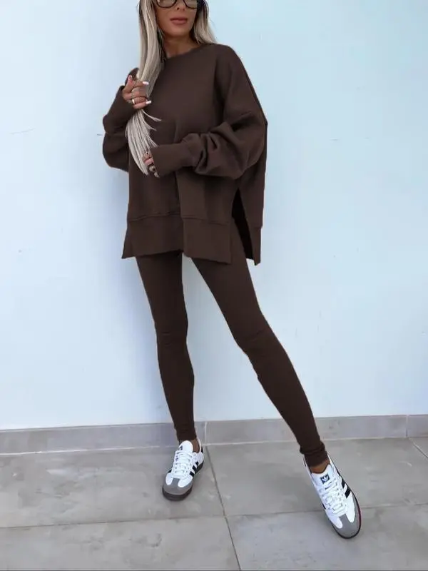 Women's Solid Drop Shoulder Split Hem Sweatshirt & Pants Two-piece Set, Casual Fashion Cozy Breathable Outfits for Daily Outdoor Wear, Ladies Sportswear for All Seasons