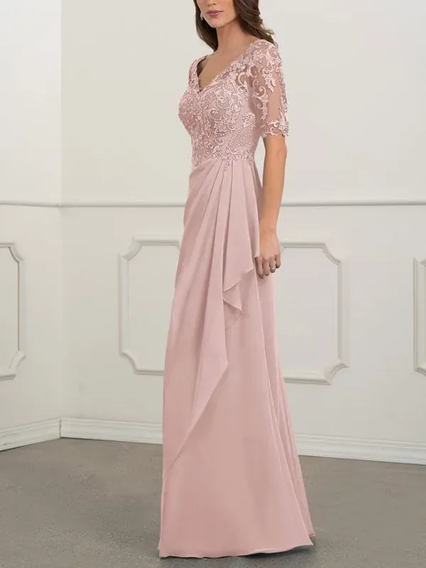 Floor-to-ceiling chiffon lace back zip bridal mom dress