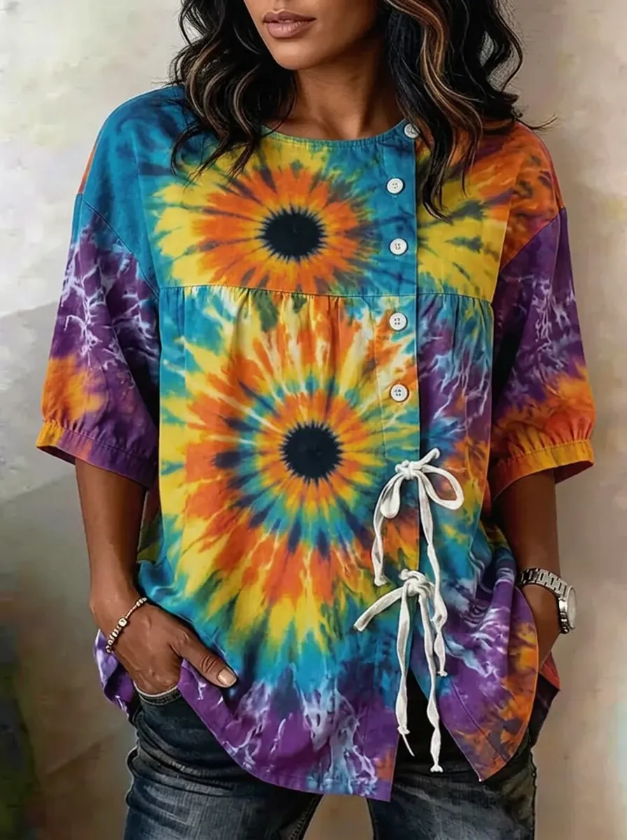 Women's Nashville Sunflower Tie-Dye Printed Button-Up Top