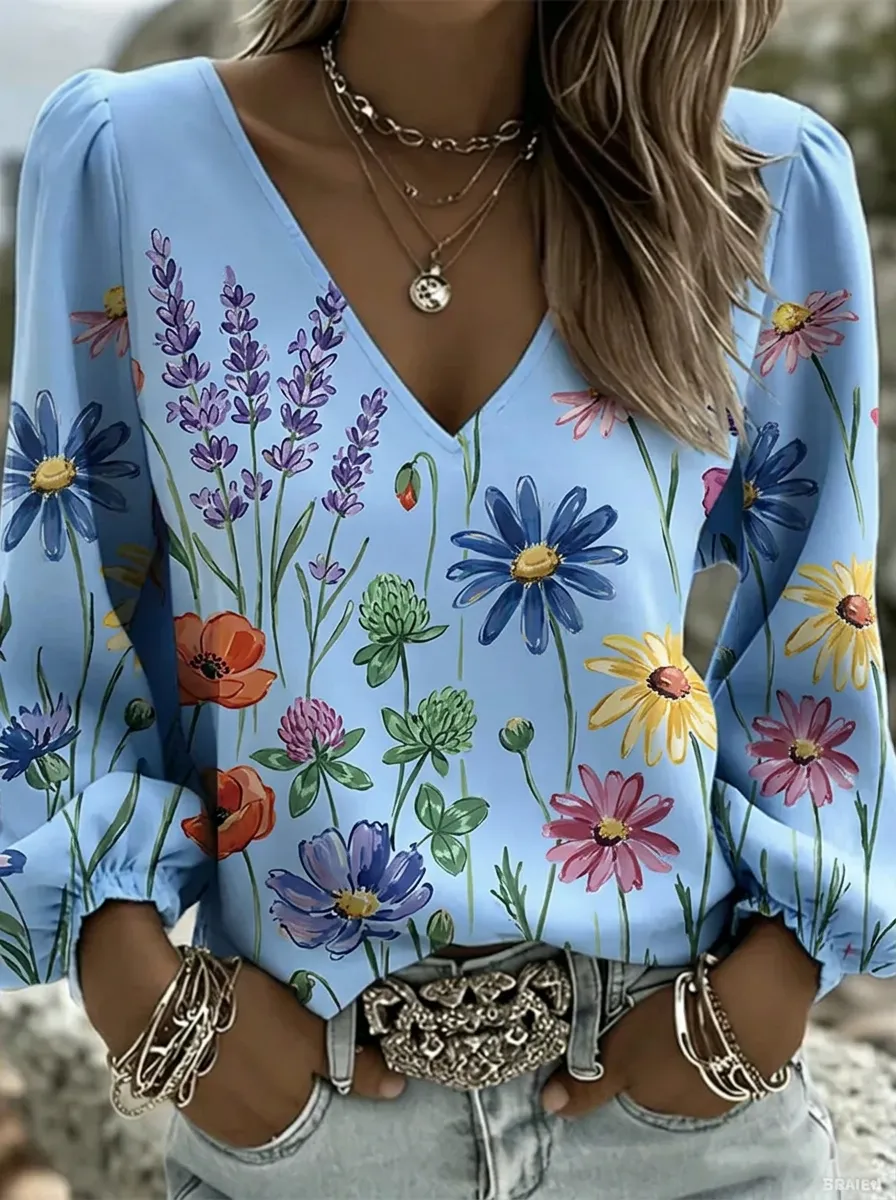 Women's Nashville Floral Wildflower Printed V-Neck Top