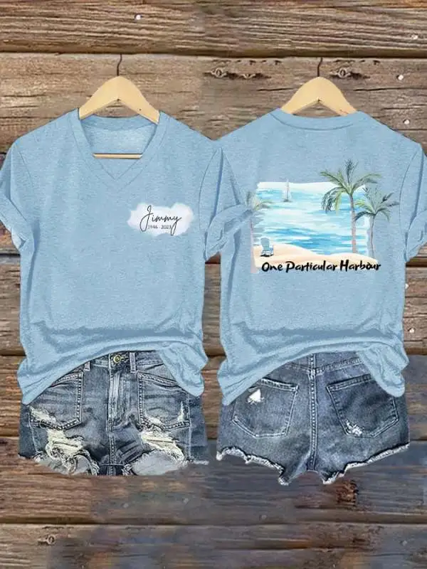 V Neck Retro Harbour Palm Trees Print T-Shirt
