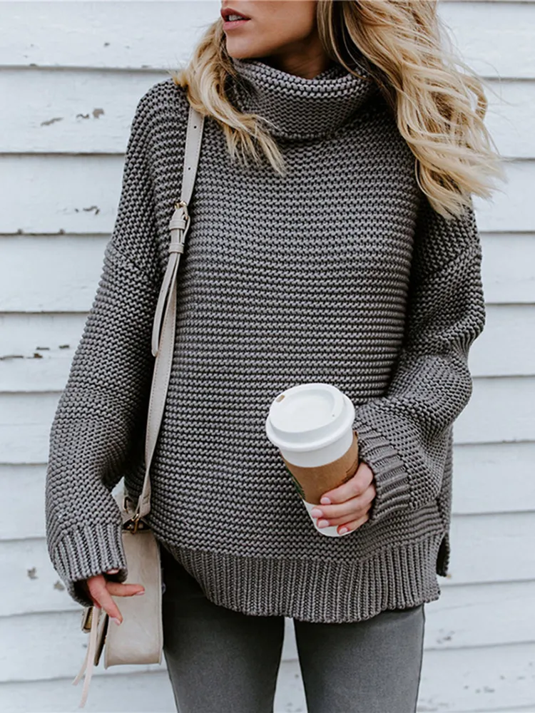 Solid Color High Neck Pullover Knitted Sweater