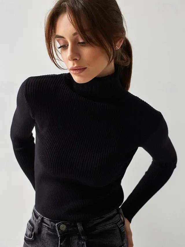 Women's Sweater Casual Soft Pure Color Ribbed Turtleneck Knitted Long Sleeve Regular Tops Knit Outdoor Daily Weekend Black White Fall Winter