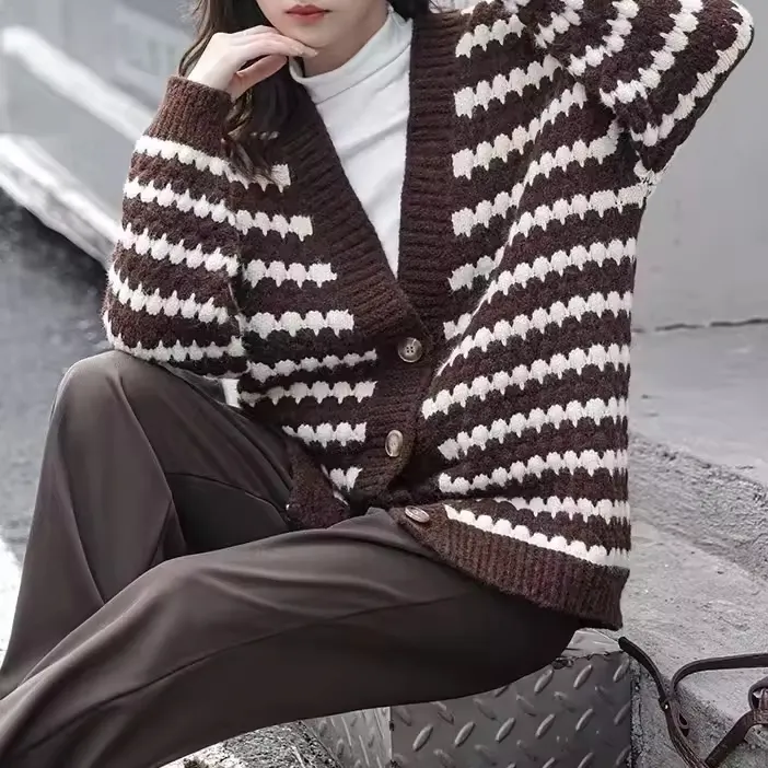 Casual Striped Woolen Knit Cardigan