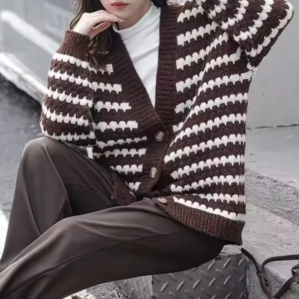 Casual Striped Woolen Knit Cardigan