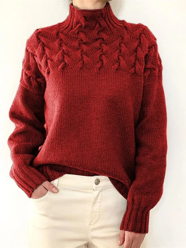 Women‘s Christmas Pullover Sweater Jumper Turtleneck Cable Knit Acrylic Braided Fall Winter Outdoor Daily Going out Xmas Stylish Casual Soft Long Sleeve Pure Color Maillard Black Pink Red S M L