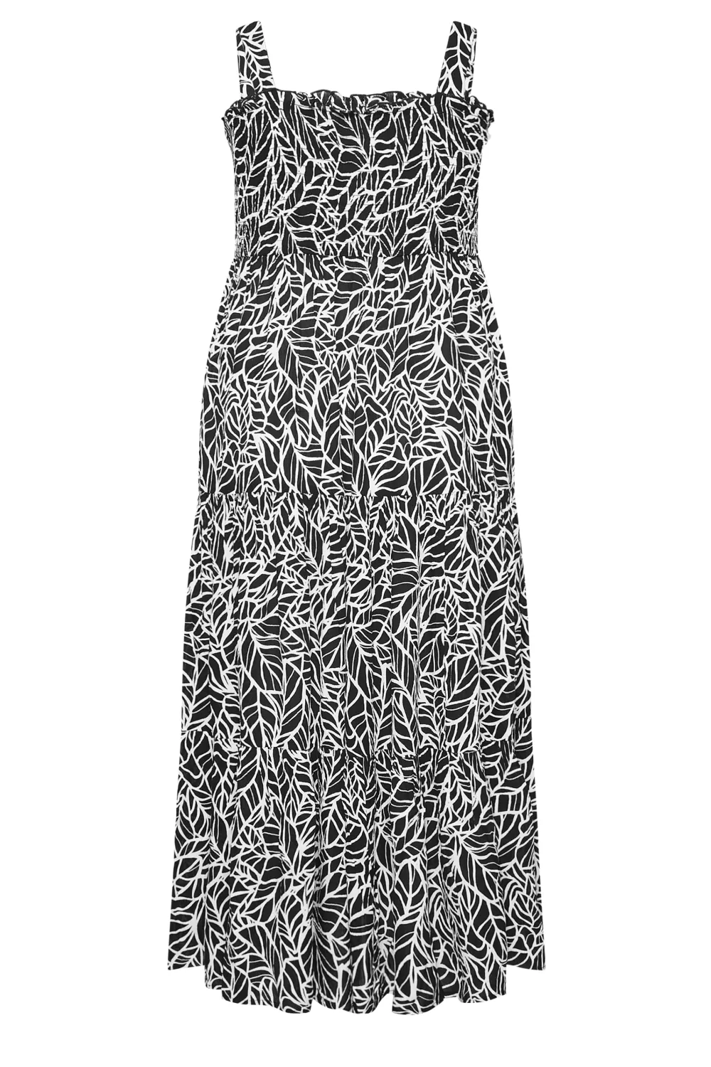 YOURS Curve Black Leaf Print Shirred Maxi Dress