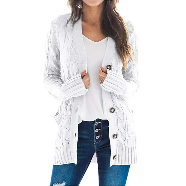 Women's Cardigan Pocket Knitted Button Solid Color Casual Chunky Long Sleeves