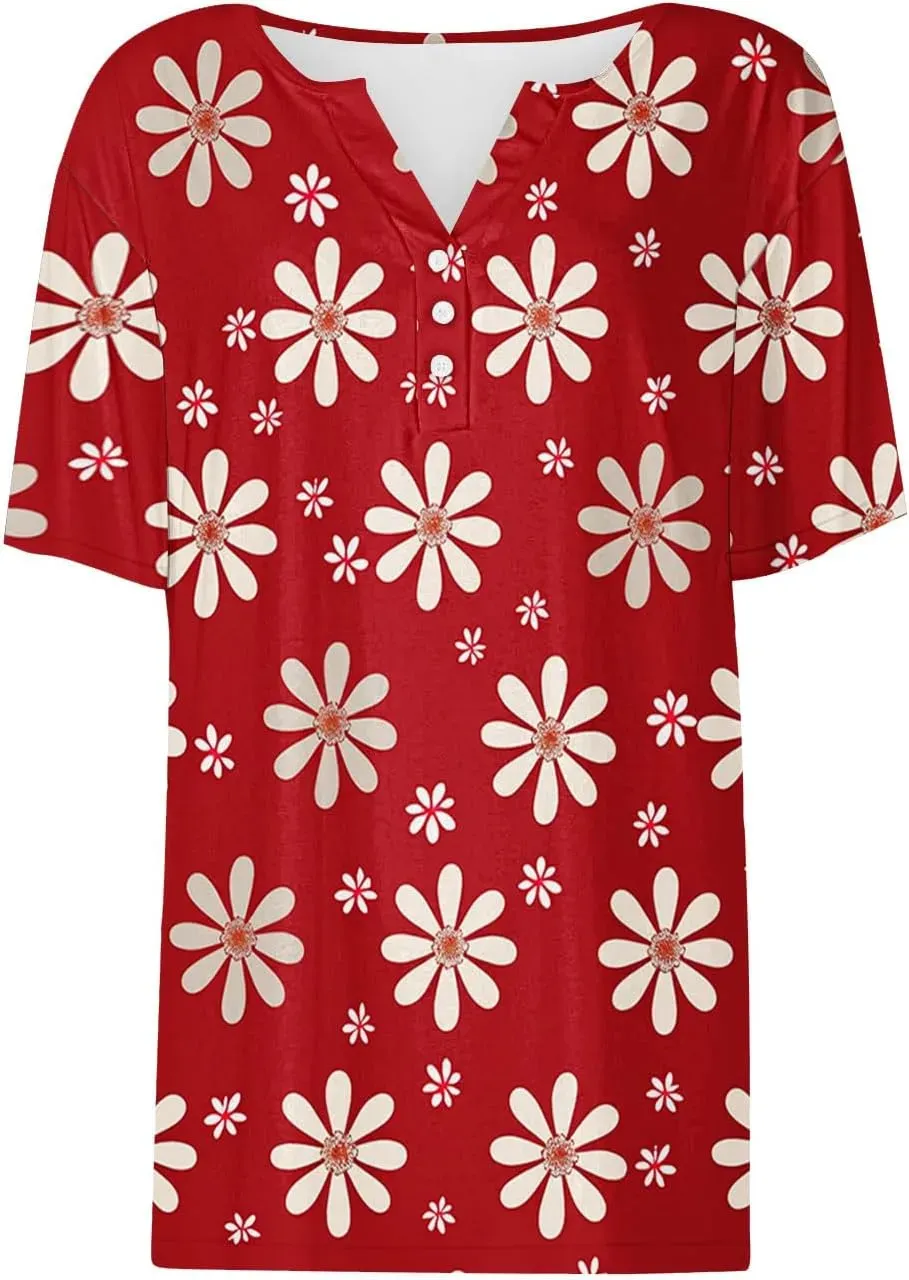 Shirts for Women Casual Printed Summer Tops Short-Sleeved Button V-Neck Tops Blouse Fashion Boho T-Shirts