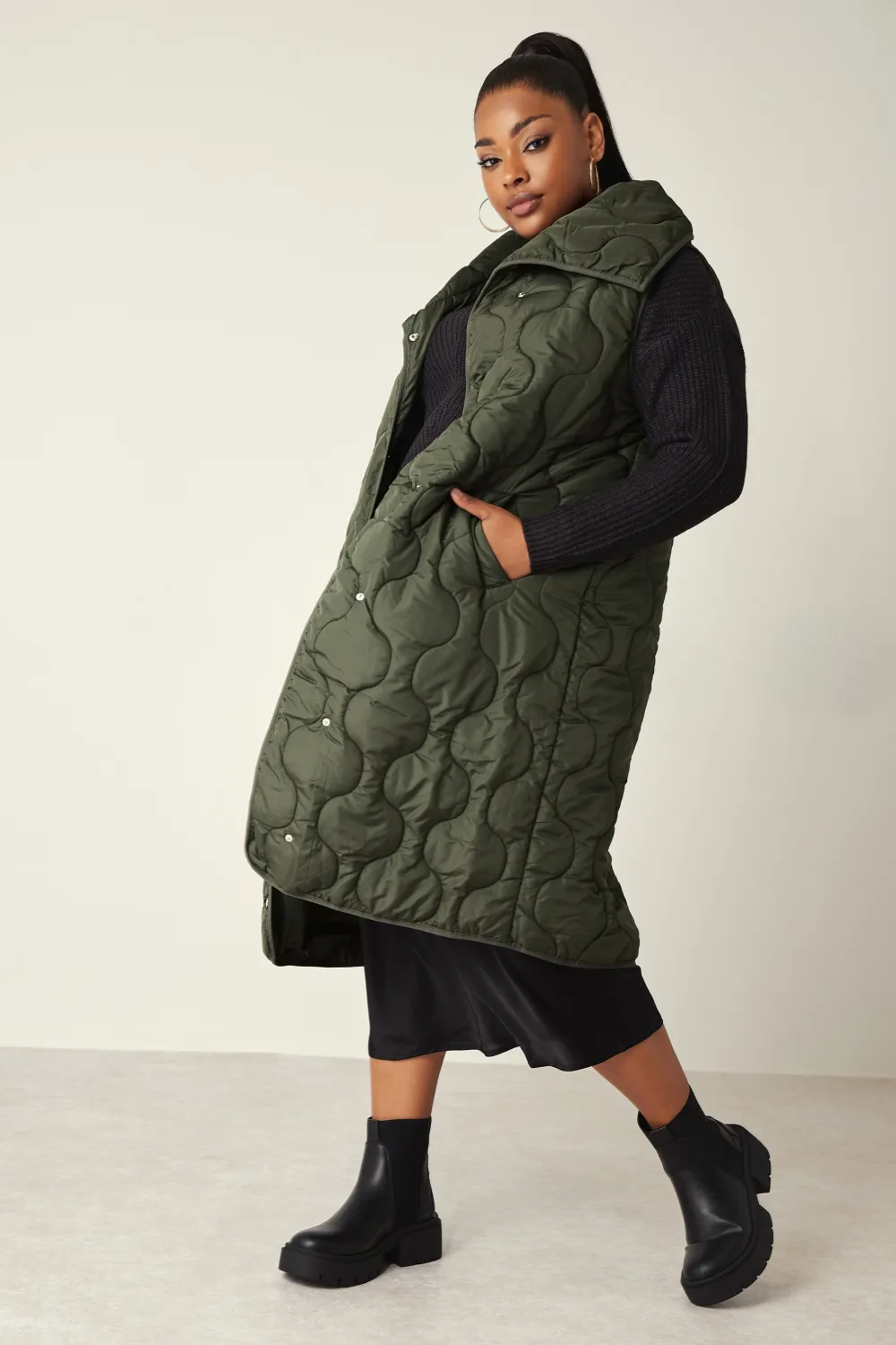YOURS Curve Olive Green Funnel Neck Quilted Longline Gilet